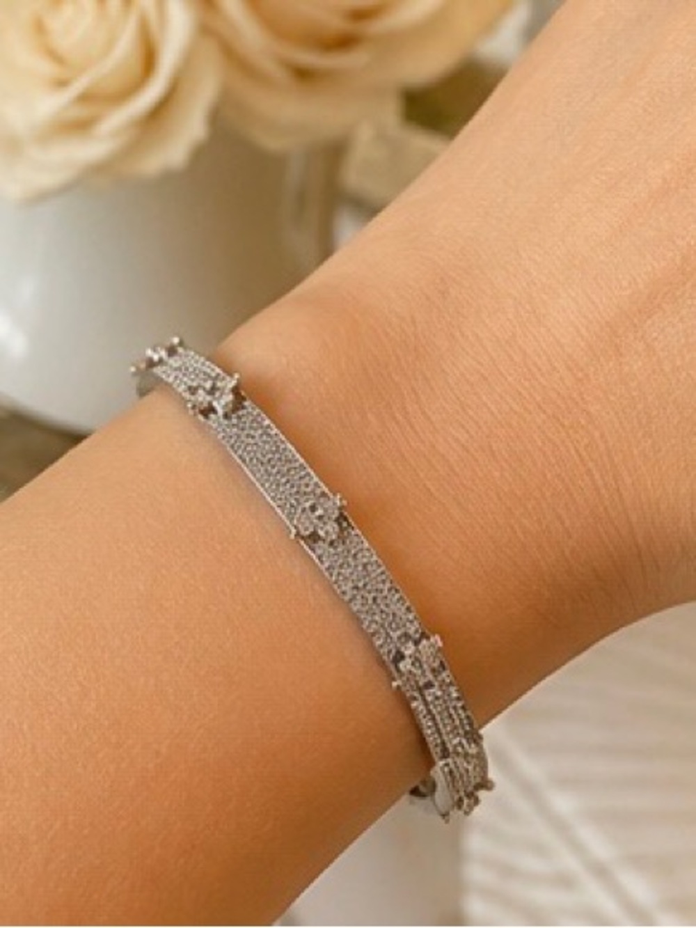 Silver Crystal Pavé Floral Bangle Bracelet - Silver